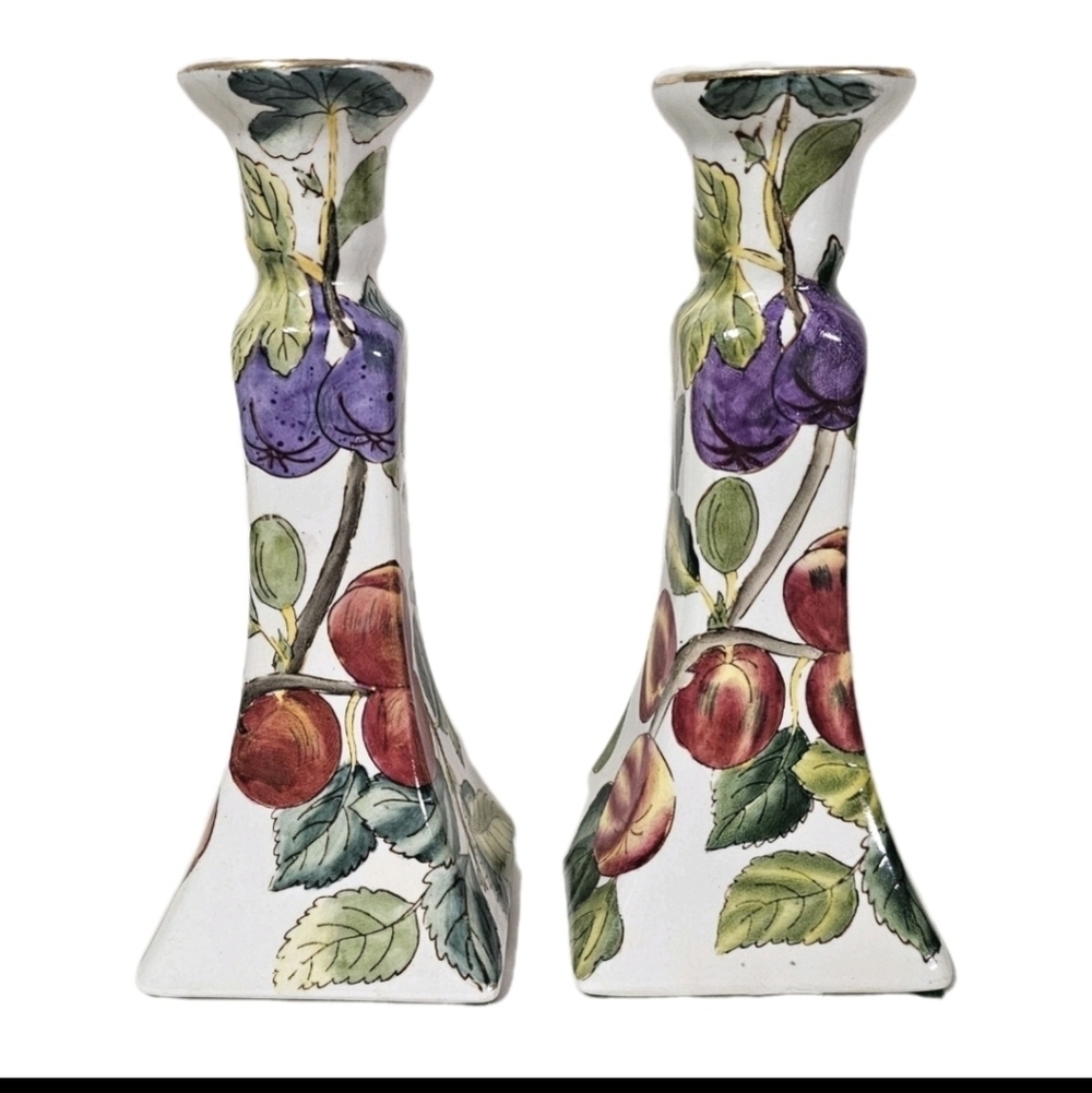Porcelain Handpainted Fruit Harvest Fall Summer Country Colorful Candle Holders